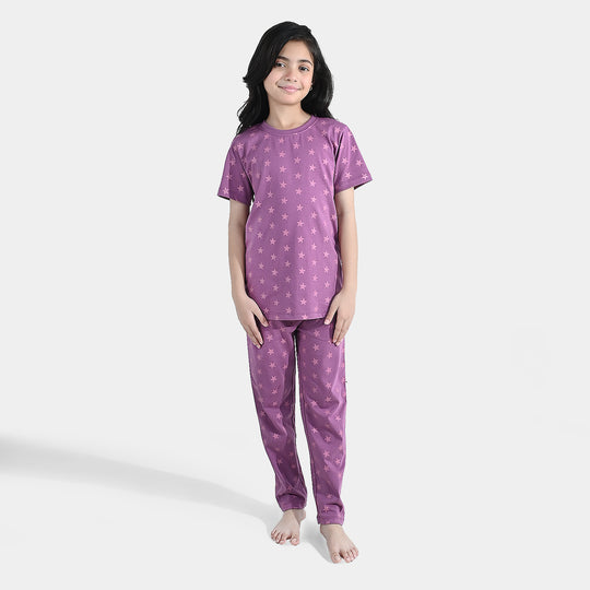 Girls PC Jersey Night Suit stars - Purple