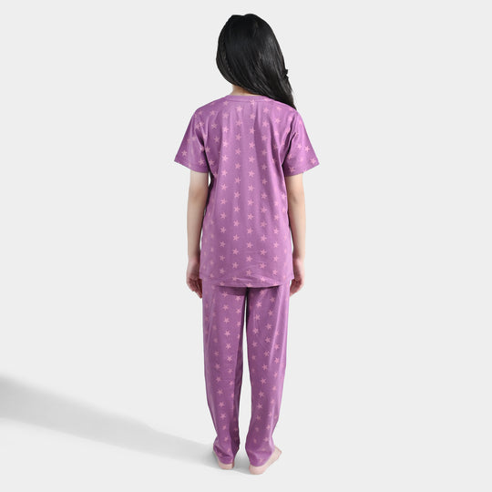 Girls PC Jersey Night Suit stars - Purple