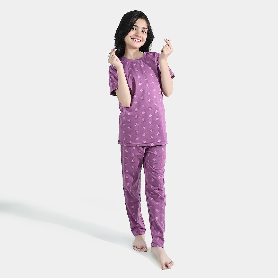 Girls PC Jersey Night Suit stars - Purple