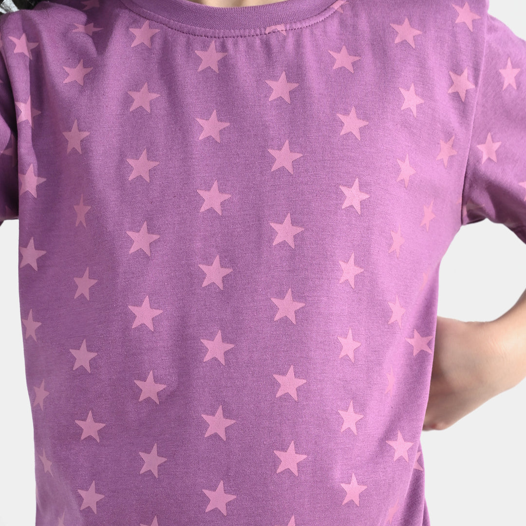 Girls PC Jersey Night Suit stars - Purple