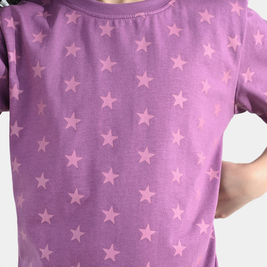 Girls PC Jersey Night Suit stars - Purple