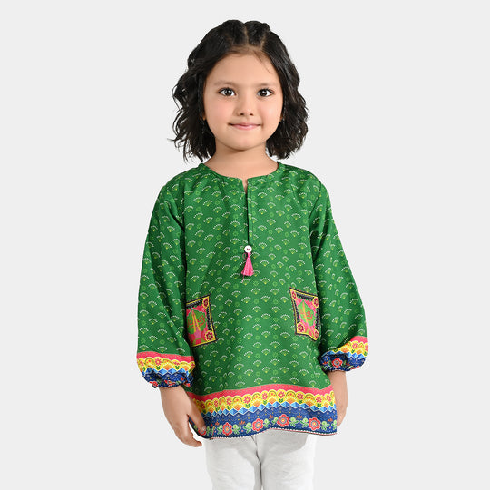 Girls Poly Lawn IND Top Printed Pocket-Green