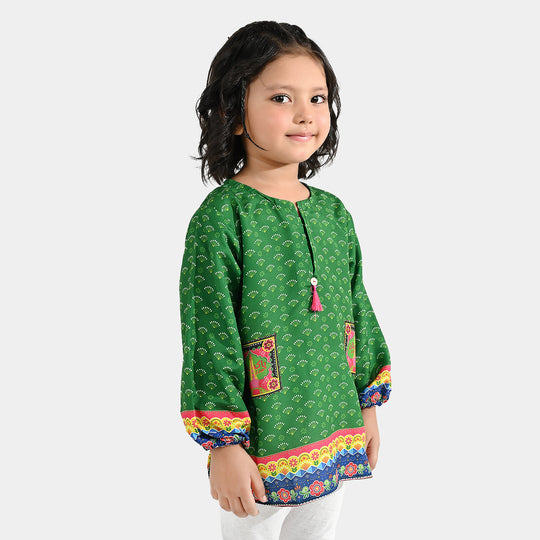 Girls Poly Lawn IND Top Printed Pocket-Green