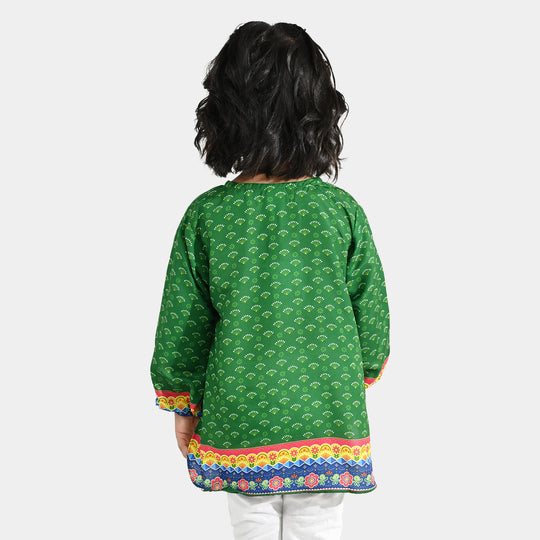 Girls Poly Lawn IND Top Printed Pocket-Green