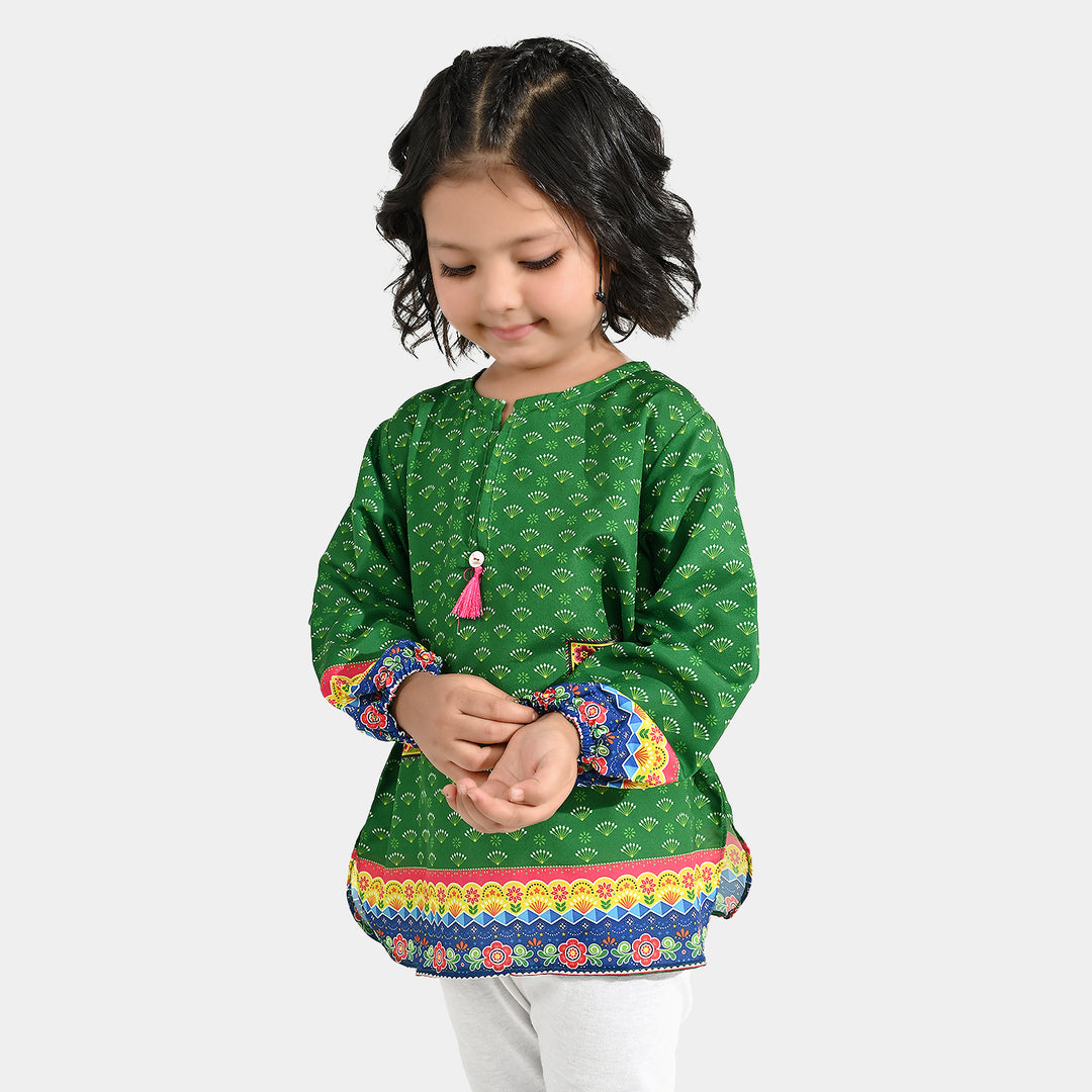 Girls Poly Lawn IND Top Printed Pocket-Green
