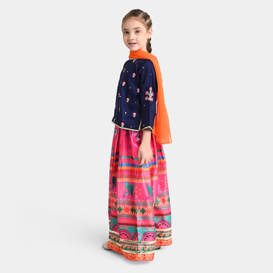 Girls Raw Silk 3PC Suit MAH-Rang | Navy Blue