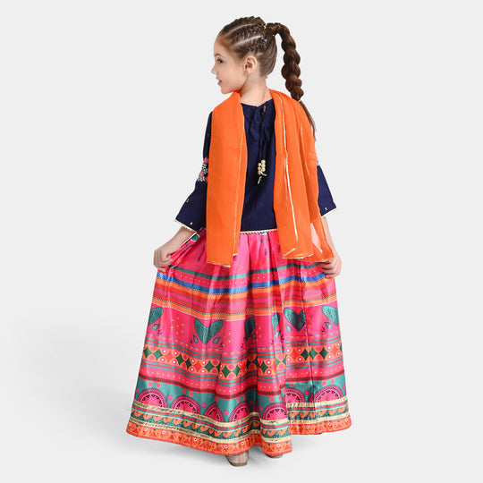 Girls Raw Silk 3PC Suit MAH-Rang | Navy Blue