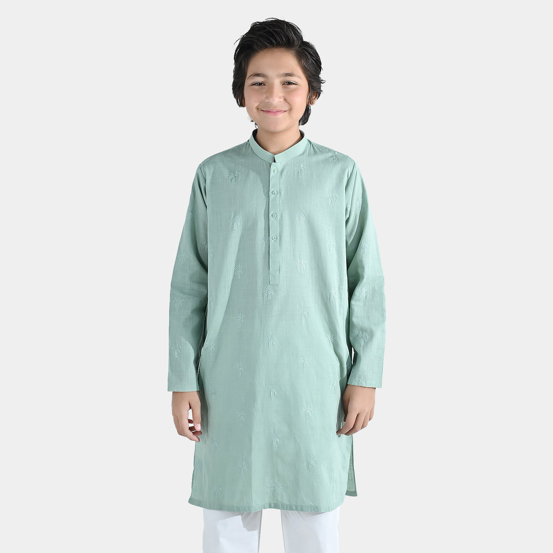 Boys Cotton Slub Embroidered Kurta (Palm Tree) - Light Green