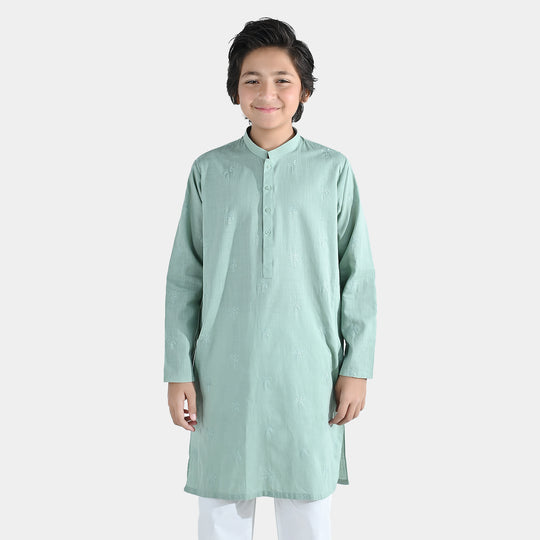 Boys Cotton Slub Embroidered Kurta (Palm Tree) - Light Green