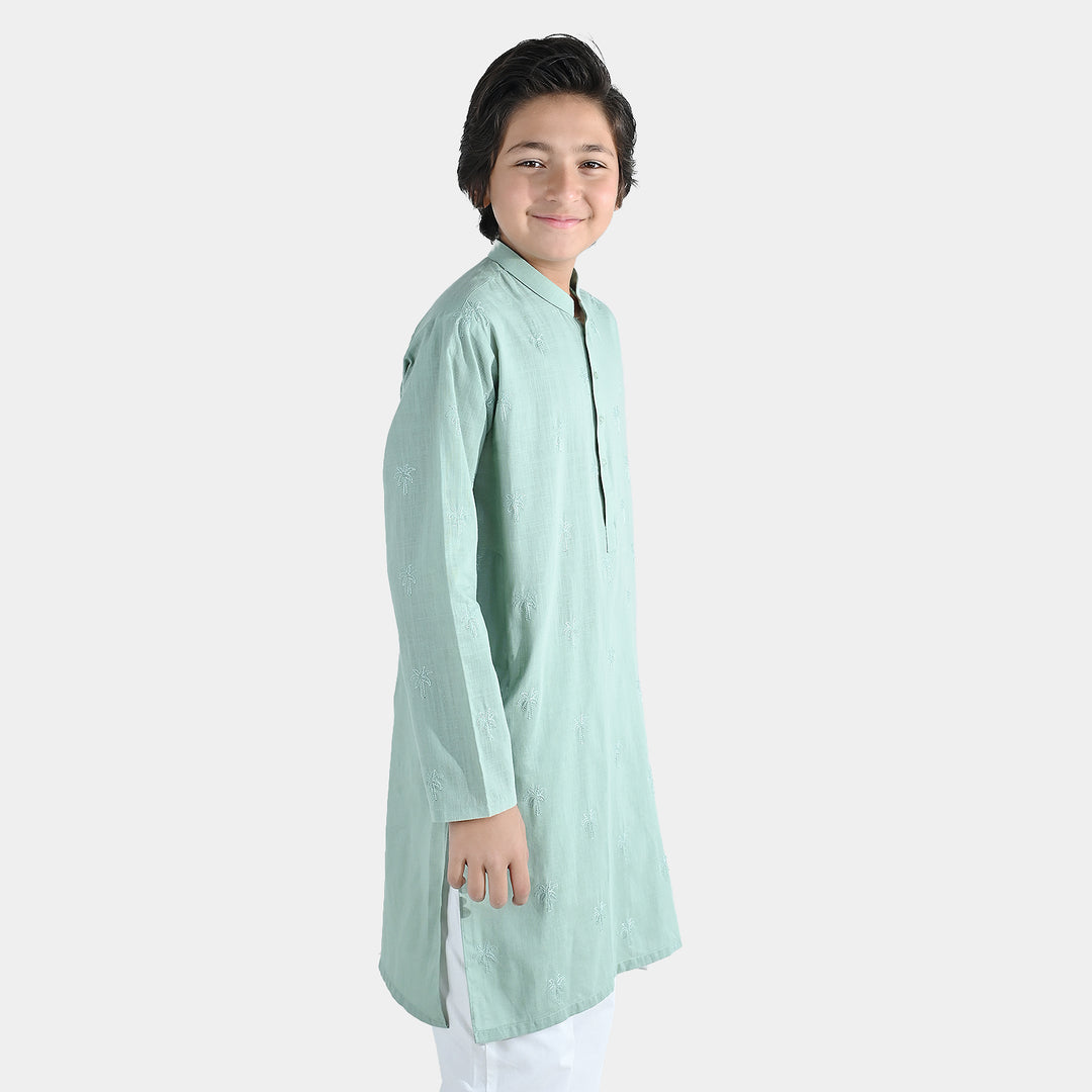 Boys Cotton Slub Embroidered Kurta (Palm Tree) - Light Green