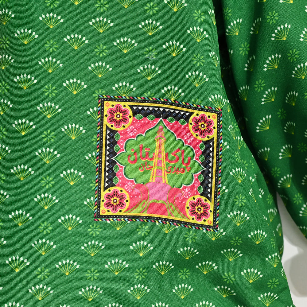 Girls Poly Lawn IND Top Printed Pocket-Green