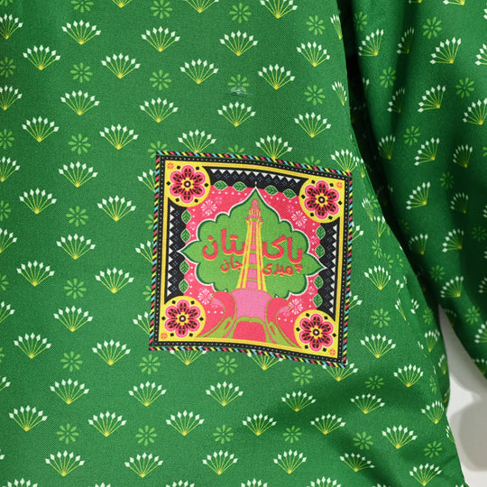Girls Poly Lawn IND Top Printed Pocket-Green