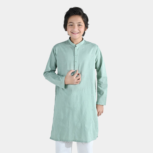 Boys Cotton Slub Embroidered Kurta (Palm Tree) - Light Green