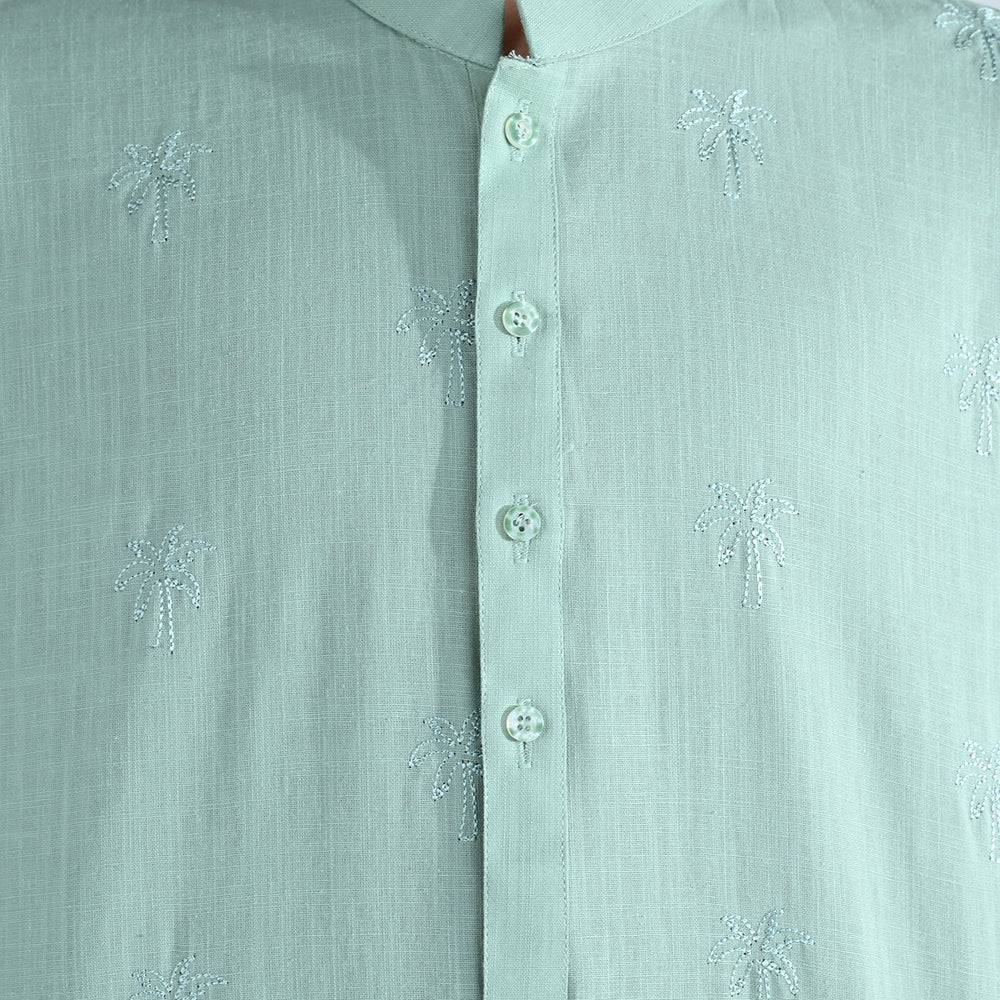 Boys Cotton Slub Embroidered Kurta (Palm Tree) - Light Green
