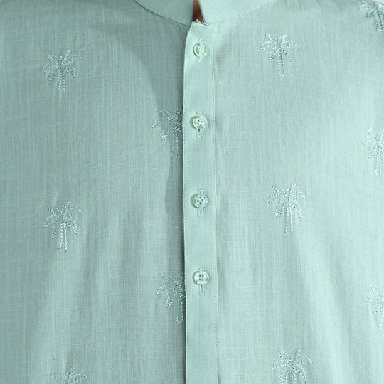 Boys Cotton Slub Embroidered Kurta (Palm Tree) - Light Green