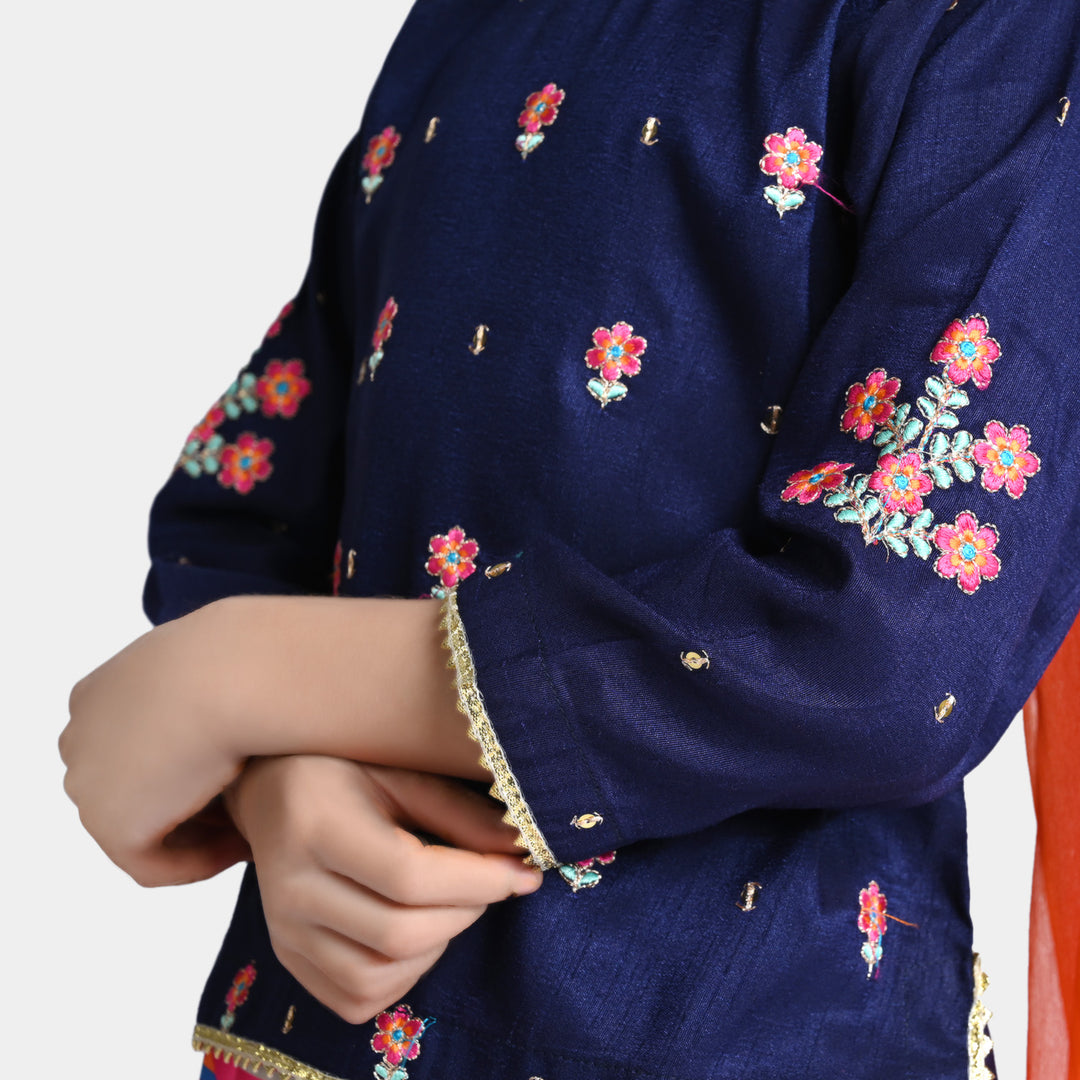 Girls Raw Silk 3PC Suit MAH-Rang | Navy Blue