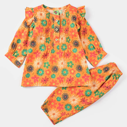 Infant Girls Cotton Poplin Printed 2PCs Suit Blazing orange-Multi