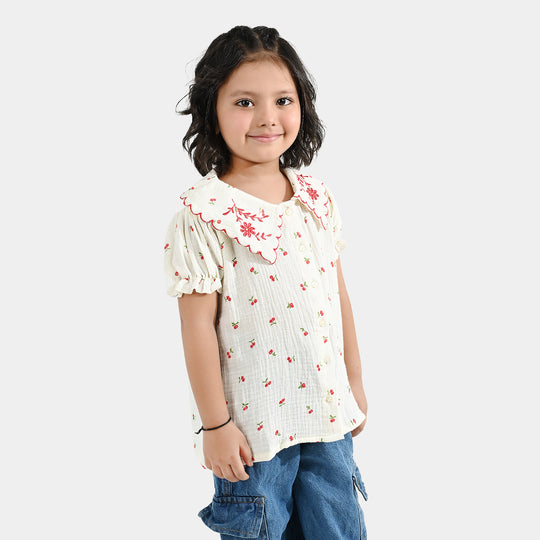 Girls Poly Crinkle Emb Top Pery-White