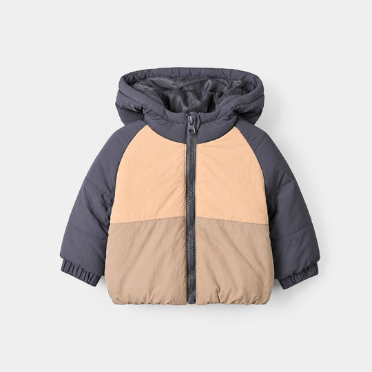 Infant Boys Polyester Puffer Jacket Hood- BROWN/GREY