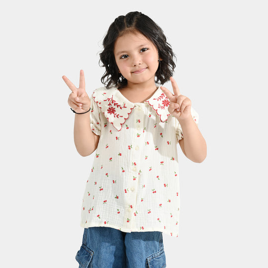Girls Poly Crinkle Emb Top Pery-White