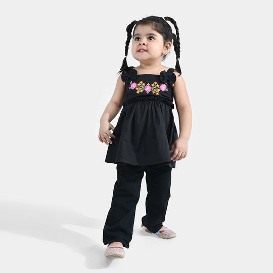 Infant Girls’ Cotton Embroidered Kurti – Black