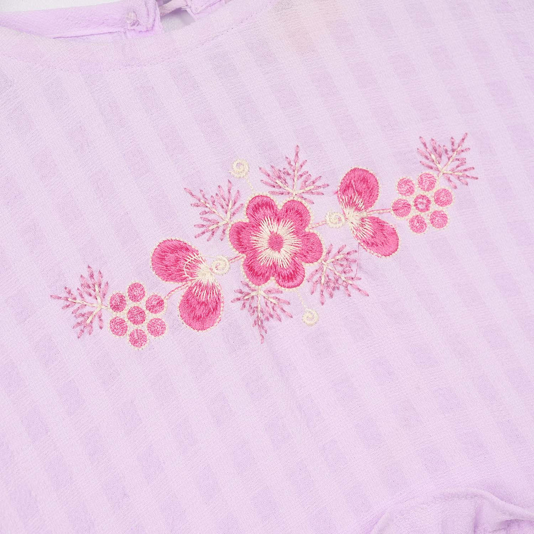 Girls Poly Crinkle Embroidered Frock - Lavender