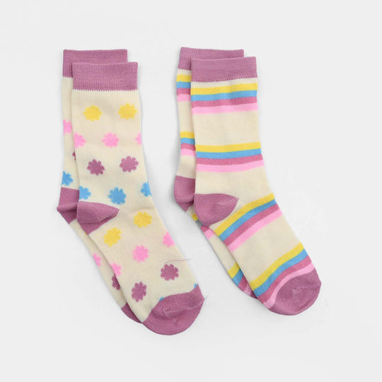 Girls Cotton Sock Pack of 2 Dots & Stripes-BEIGE