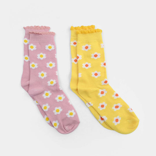 Girls Cotton Sock Pack of 2 Flowers-Yellow.Pink