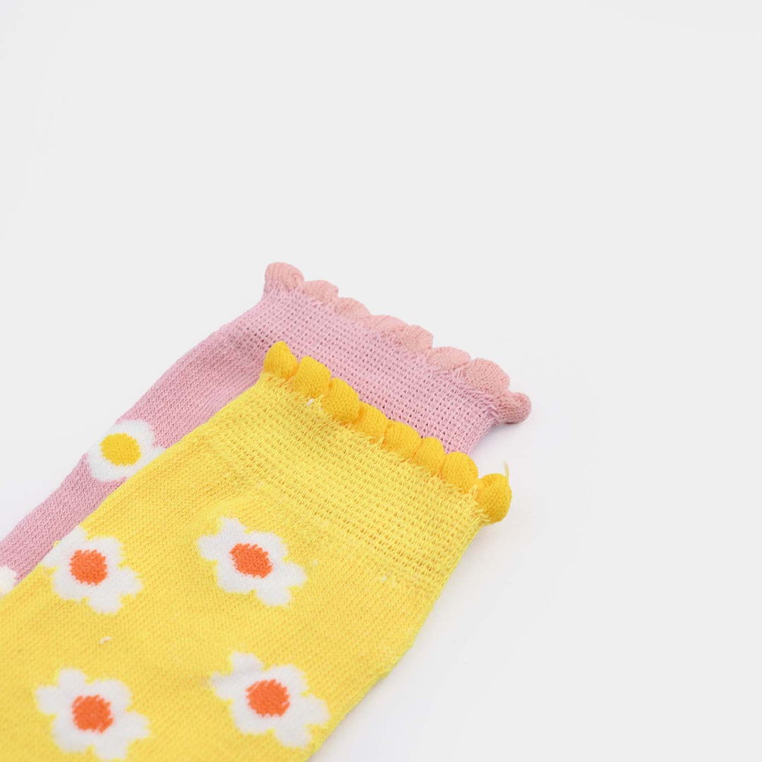 Girls Cotton Sock Pack of 2 Flowers-Yellow.Pink
