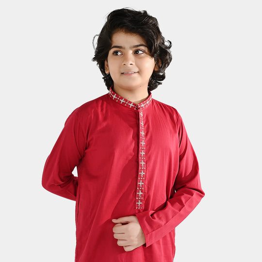 Boys Cotton Slub Printed Kurta (Rio Red)