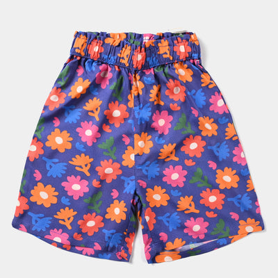 Girls Cotton Viscose Short Printed Blue Flower