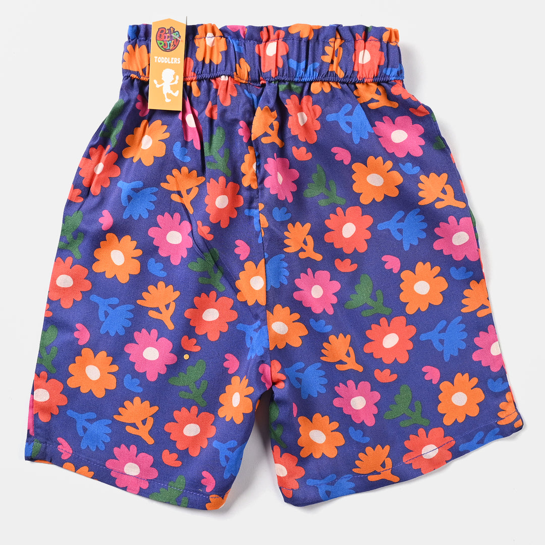 Girls Cotton Viscose Short Printed Blue Flower