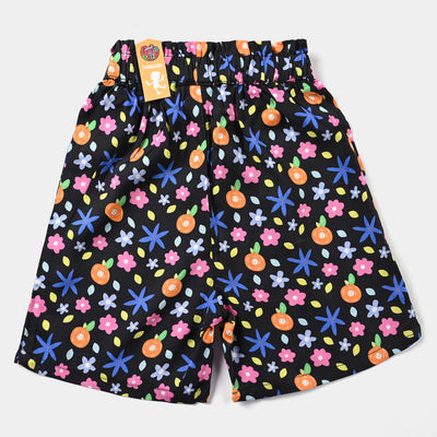 Girls Cotton Viscose Short Printed Black Flower