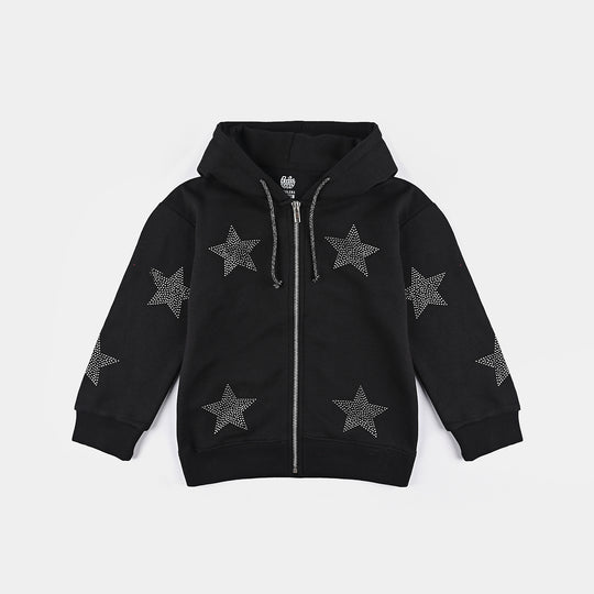 Girls Fleece Knitted Jacket Stars-Jet.Black