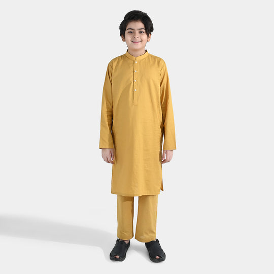 Boys Cotton Jacquard Kurta Pajama - Yellow