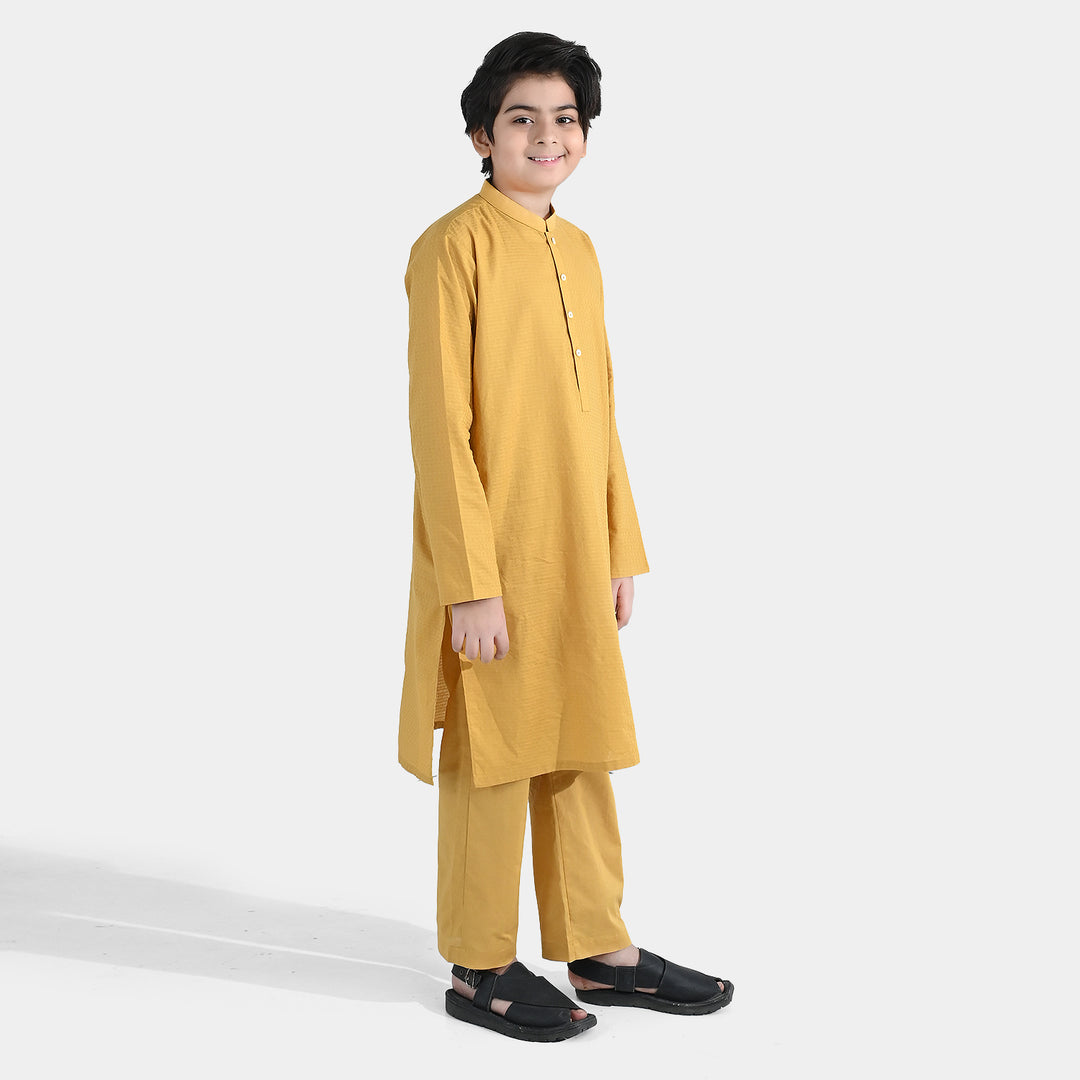 Boys Cotton Jacquard Kurta Pajama - Yellow