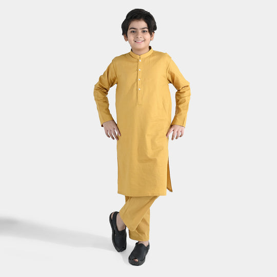 Boys Cotton Jacquard Kurta Pajama - Yellow