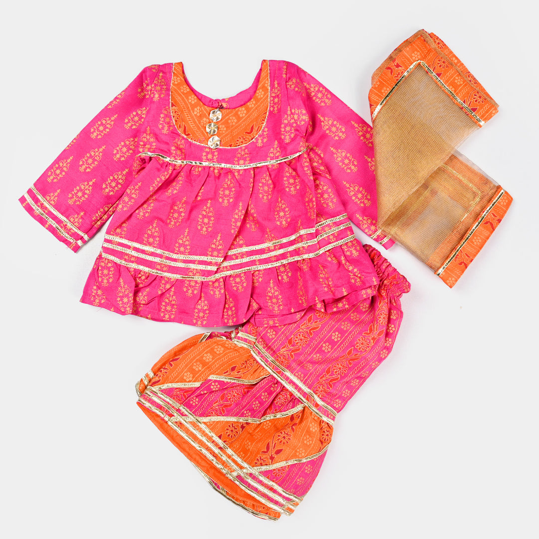 Infant Girls Raw Silk 3PCs Suit Rang Snapshot | Pink