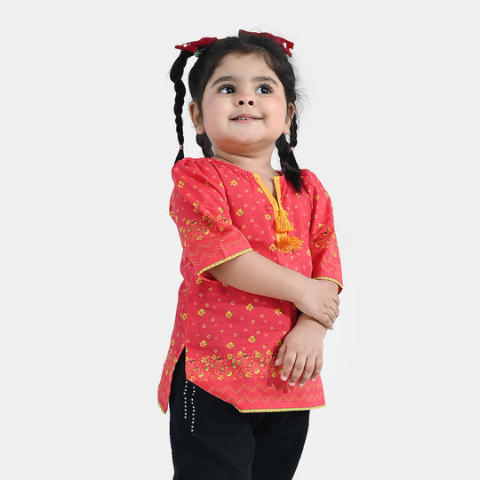 Infant Girls Cotton Printed Kurti Dhanak - Red