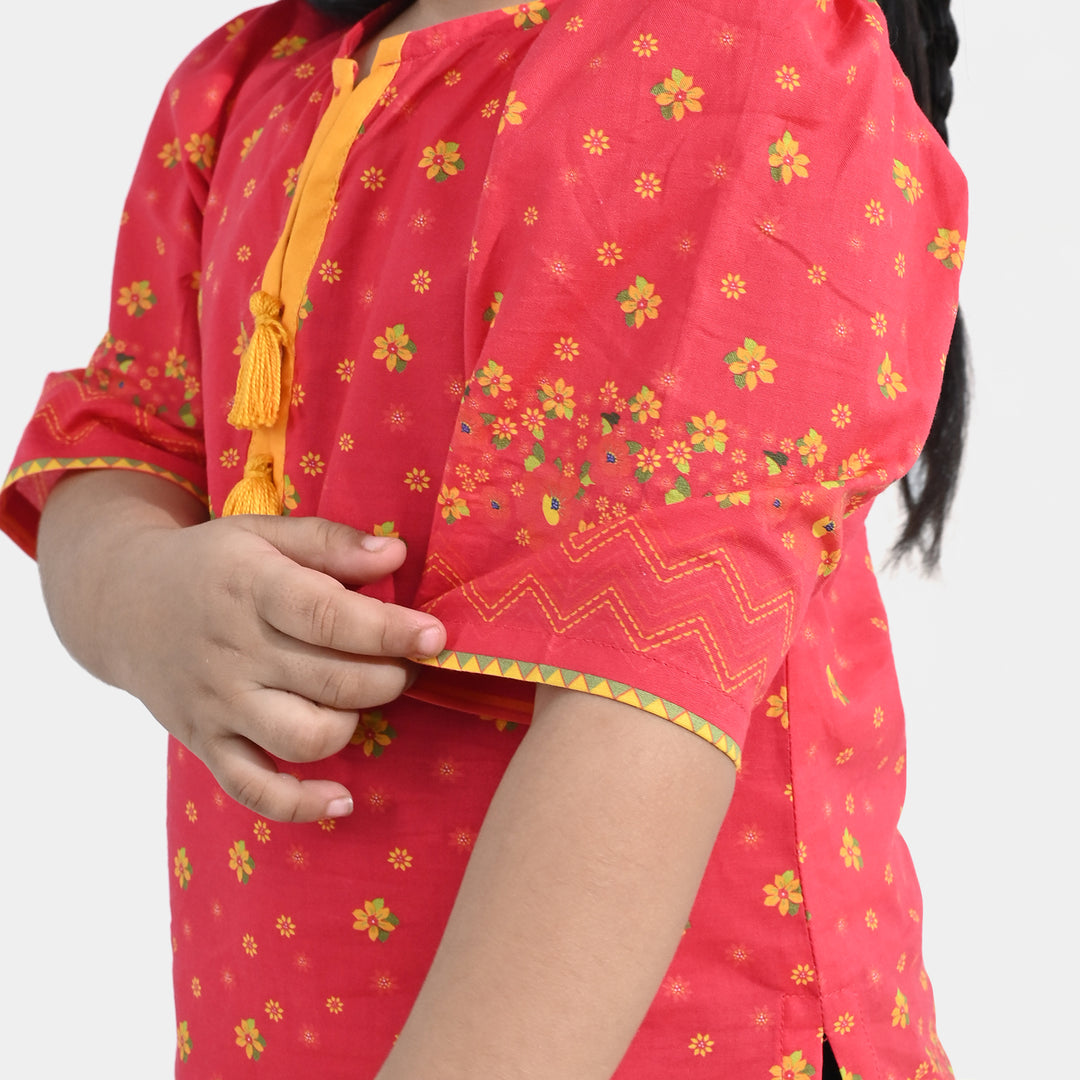 Infant Girls Cotton Printed Kurti Dhanak - Red