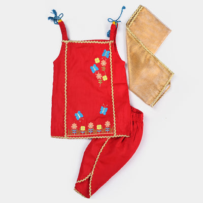 Infant Girls Raw Silk 3PCs Suit Free Way-Red