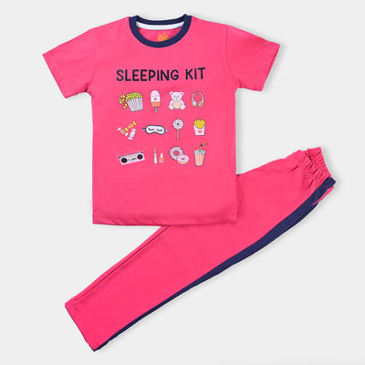 Girls Jersey Knitted Night 2PC Suit Sleeping Kit | Fuchsia