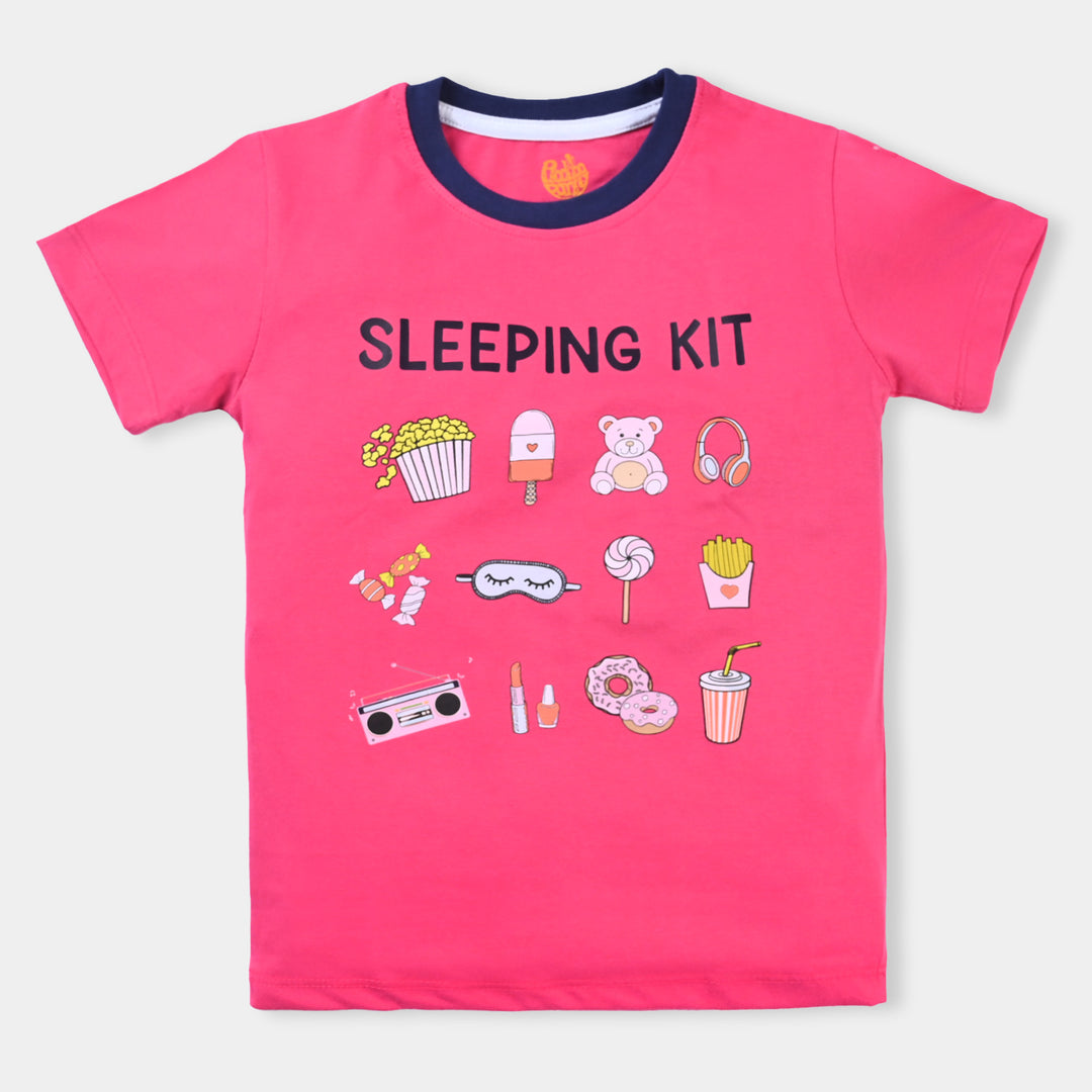 Girls Jersey Knitted Night 2PC Suit Sleeping Kit | Fuchsia