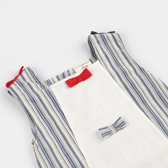 Infant Girls Jersey/Terry Romper - Navy Strip