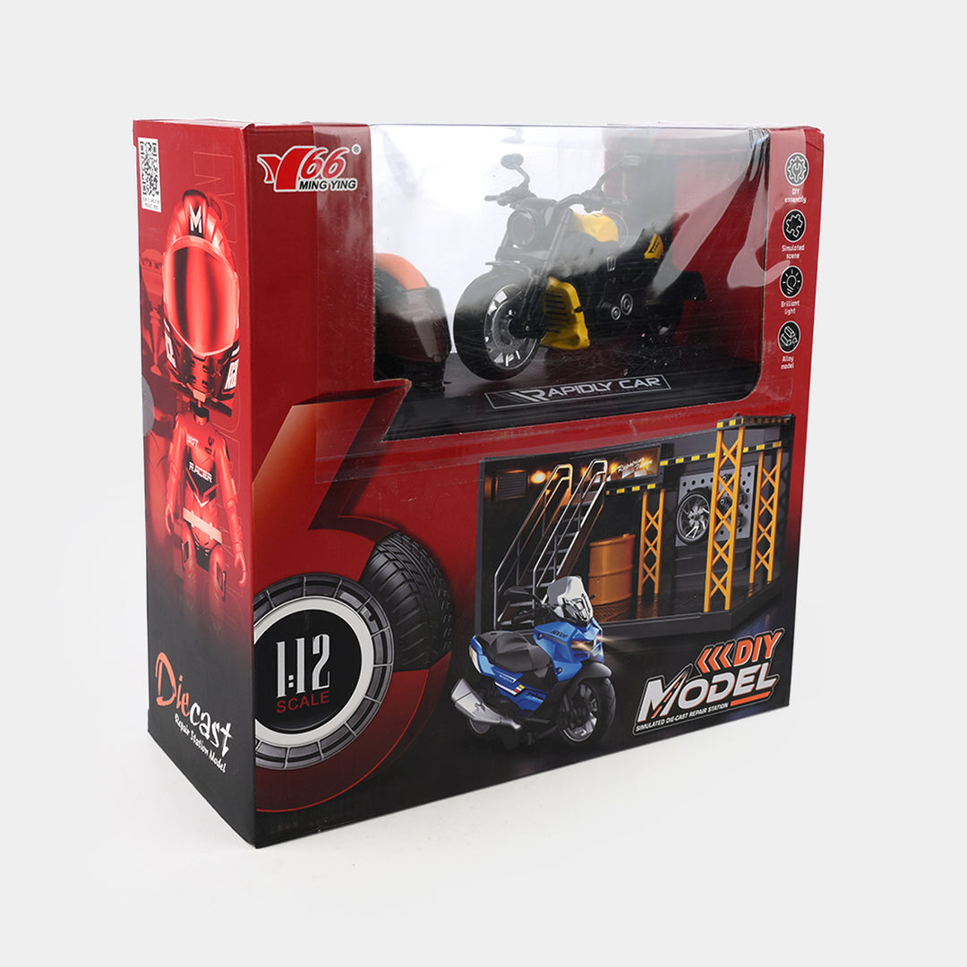 Alloy Motorcycle Metal Pullback Bike & Garage Toy for Kids