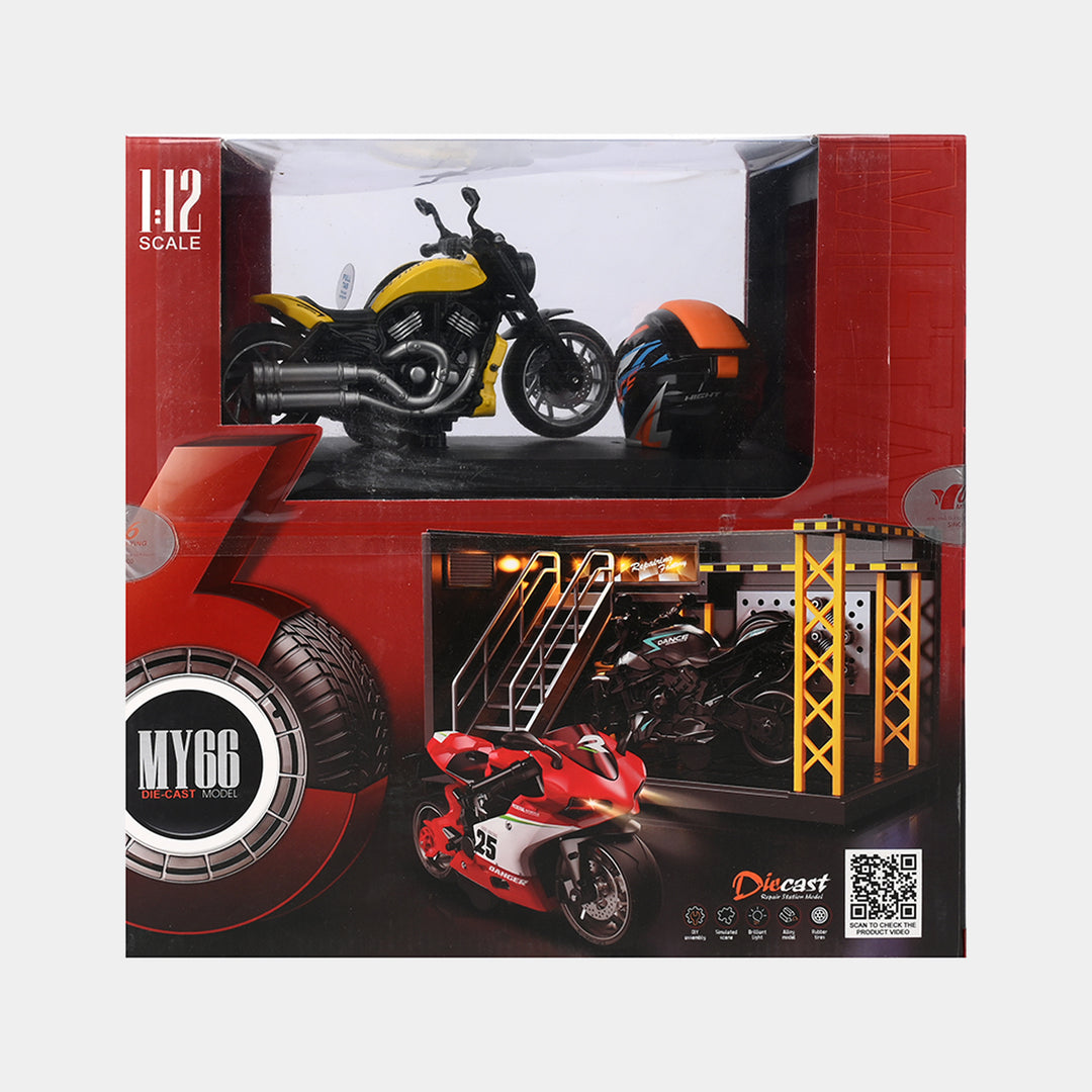 Alloy Motorcycle Metal Pullback Bike & Garage Toy for Kids