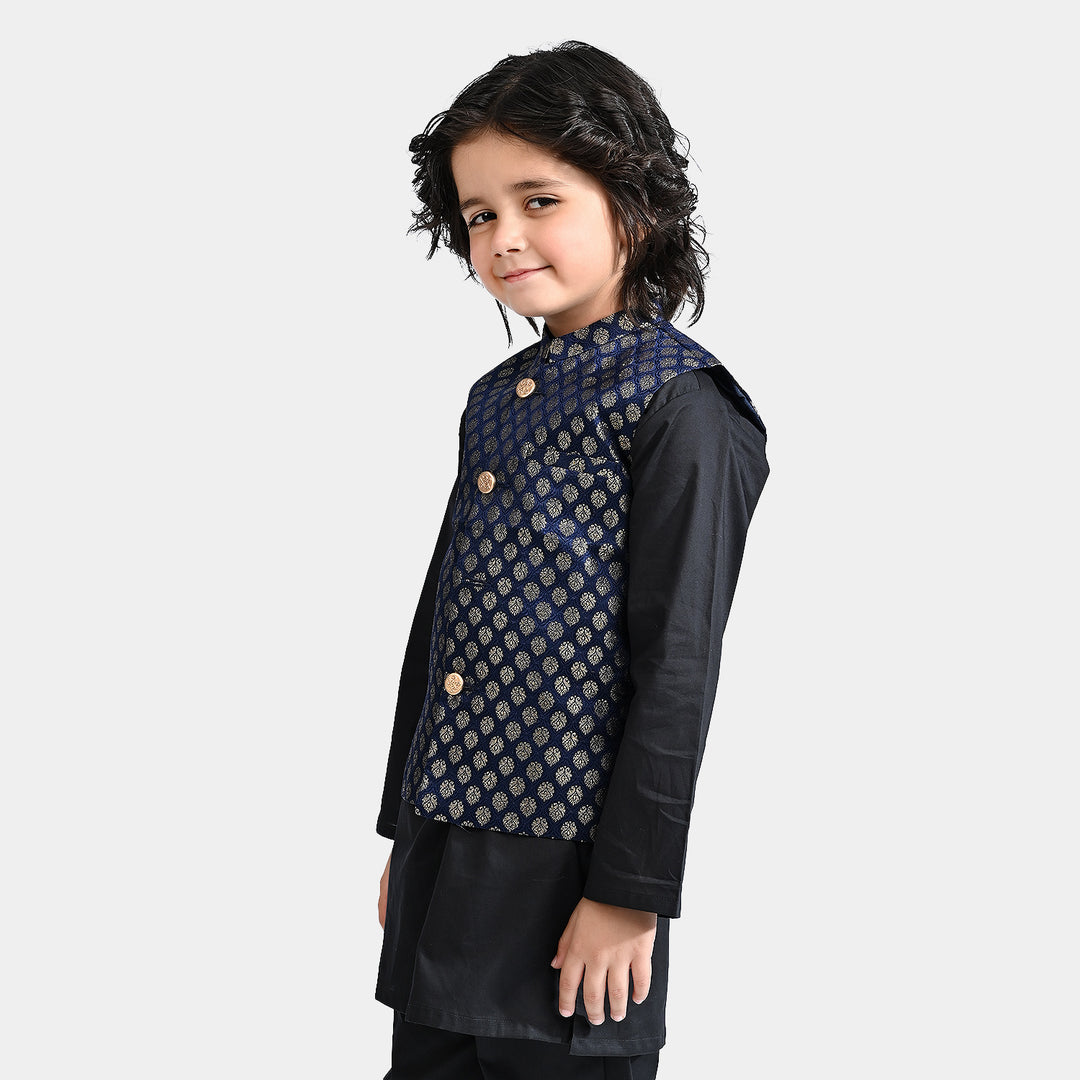 Boys Poly Viscose Waistcoat (Golden Zari)-NAVY