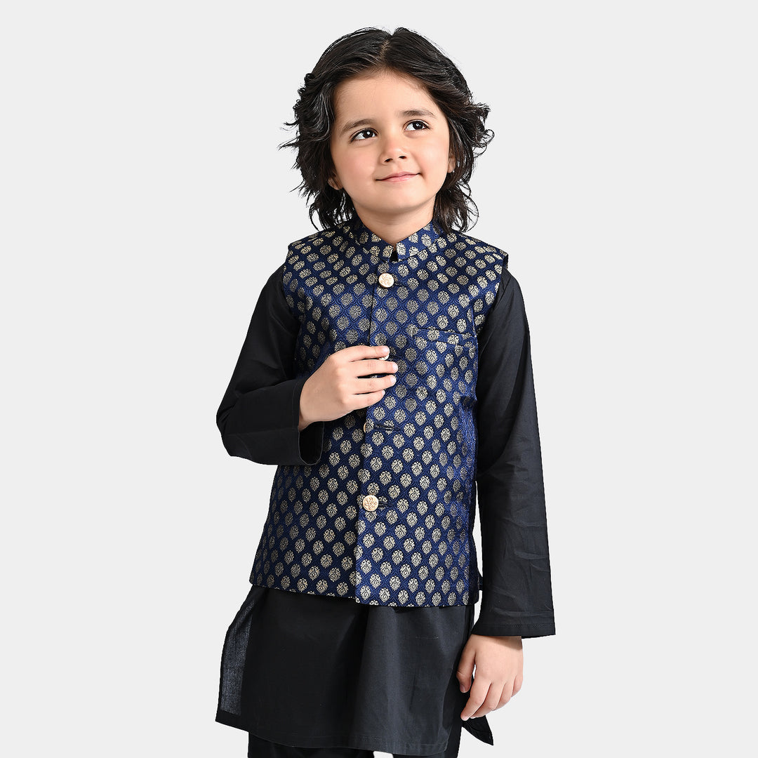 Boys Poly Viscose Waistcoat (Golden Zari)-NAVY