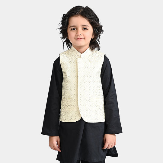 Boys Poly Viscose Waistcoat (Sequence EMB)-Off White