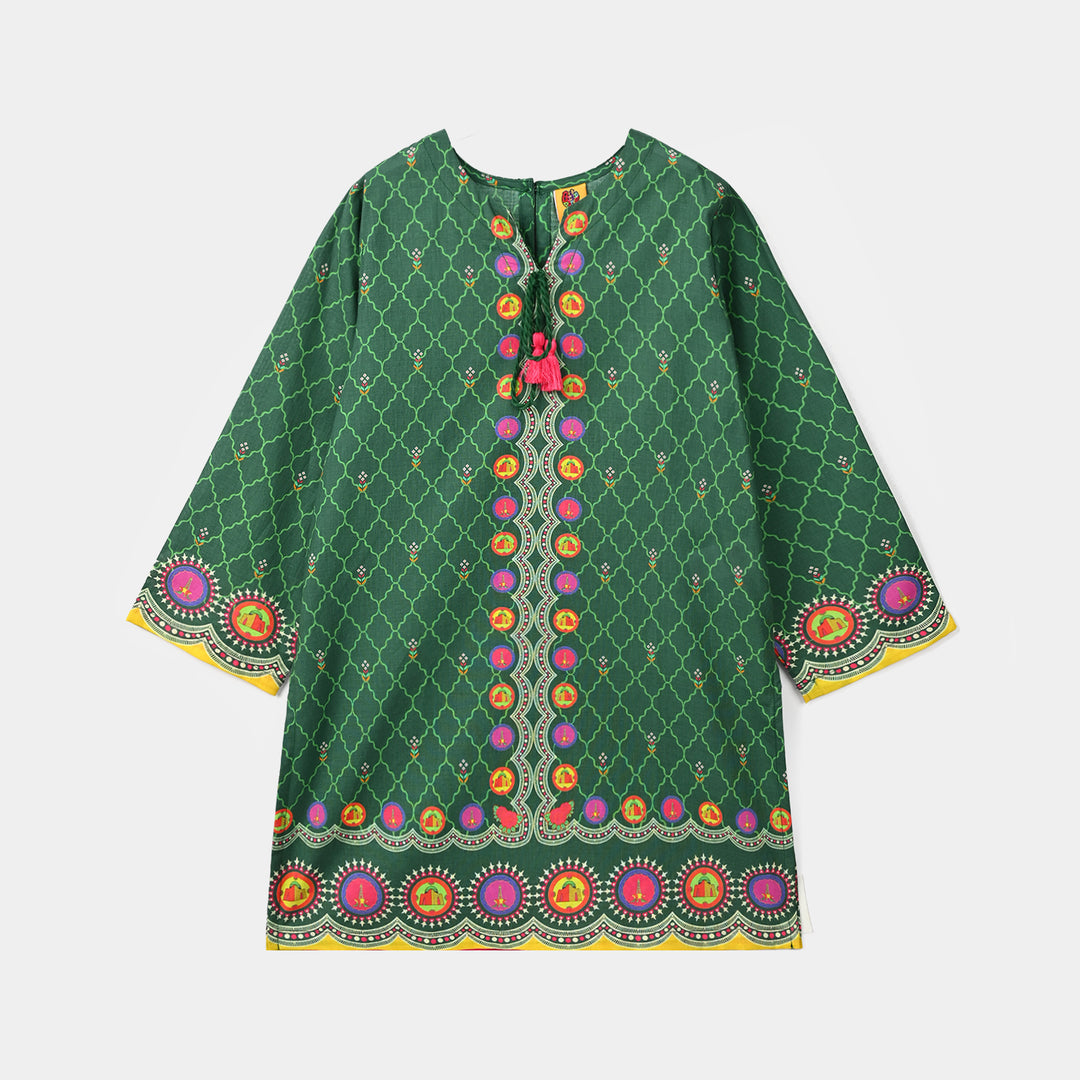Girls Cotton Ind Kurti Truck Art-GREEN